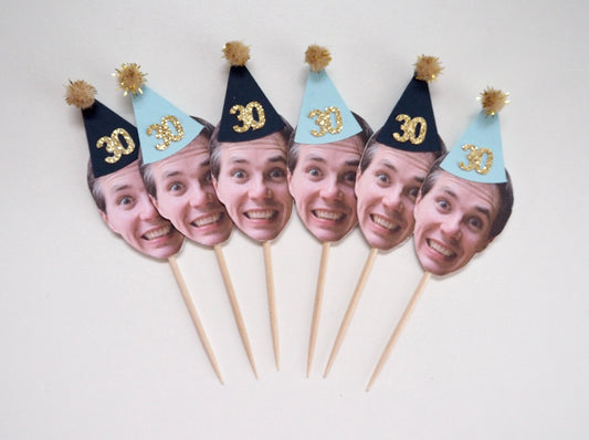 Personalised Face Cupcake Topper - Navy & Blue Gold